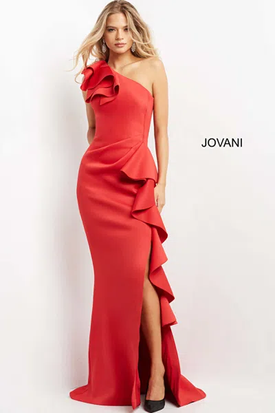 Jovani 06603 One Shoulder Ruffle Trim High Slit Formal Dress In Red