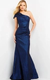 Jovani 06751 One Shoulder Metallic Long Formal Dress In Blue