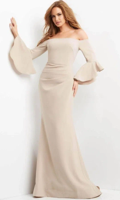 Jovani 07065 Mother Of The Bride Off Shoulder Bell Sleeve Dress In Neutral