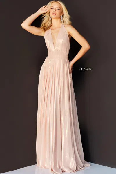 Jovani Plunging Halter Cascading Panel Gown In Blush In Neutral