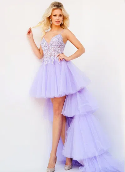 Jovani 07263 Spaghetti Strap High Low Formal Gown In Purple