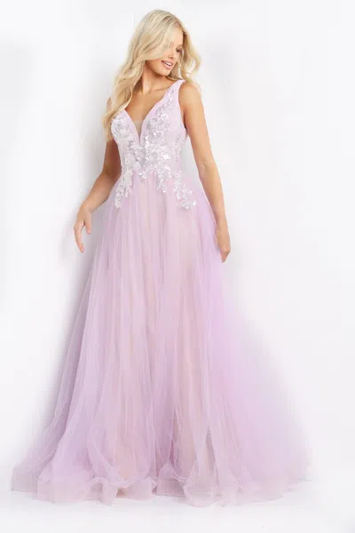 Jovani 07638 Sequin Long Plunging Neck Dress In Pink