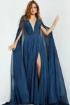 Jovani 07928 A Line Long Evening Formal Cape Sleeve Dress In Blue