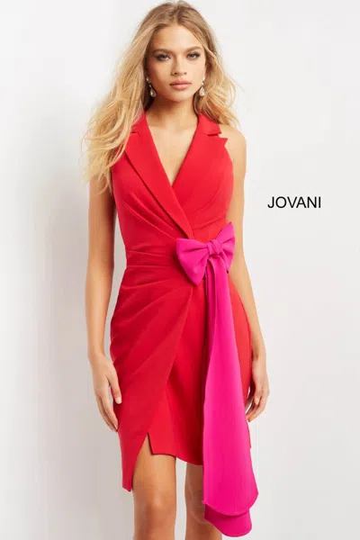 Jovani 07961 Short Pleated V Neck Cocktail Dress In Red