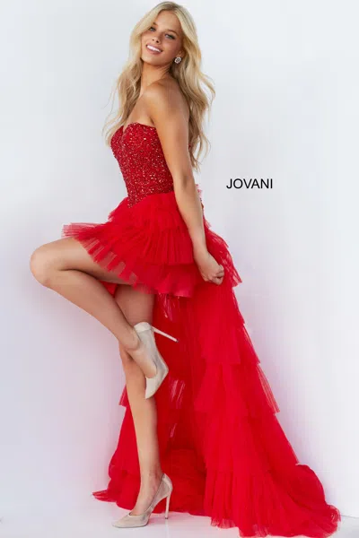 Jovani 08100 High Low Strapless Prom Dress In Red