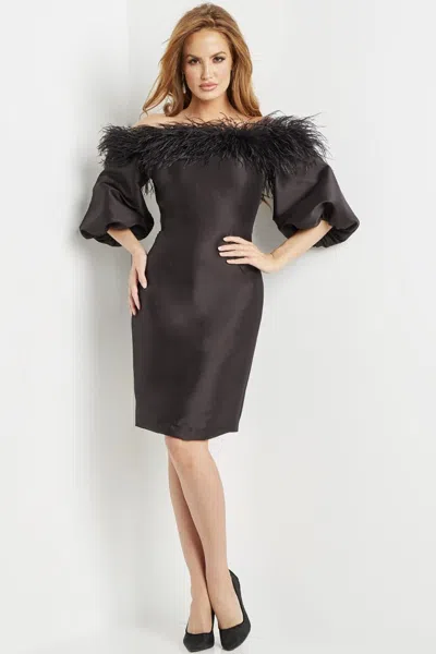 Jovani 08211 Short Feather Cocktail Knee Length Dress In Black