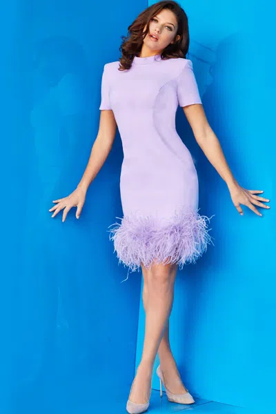 Jovani 08253 Feather Short Cocktail Mini Dress In Purple