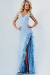 Jovani 08283 Beaded Long Formal Feather Prom Dress In Blue