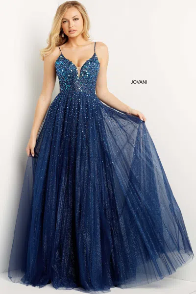 Jovani 08408 Spaghetti Strap Long Prom Dress In Blue