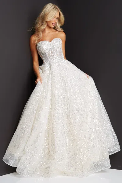 Jovani 08417 Embellished Long Wedding Dress In White