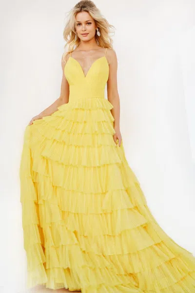 Jovani 08480 Long Tiered Skirt Prom Ball Gown In Yellow