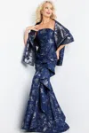 Jovani 08685 Mother Of The Bride Ruffle Skirt Strapless Shawl Dress In Blue