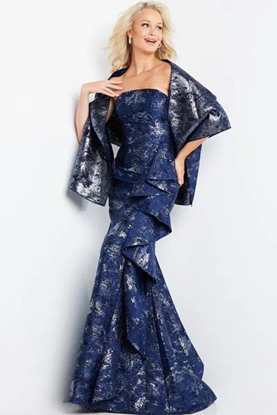 Jovani 08685 Mother Of The Bride Ruffle Skirt Strapless Shawl Dress In Blue