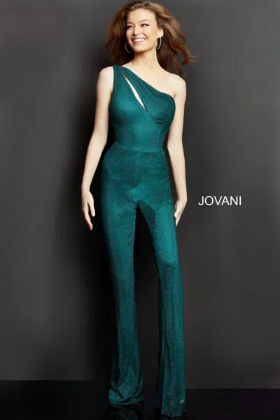 Jovani 09018 Long Formal Beaded Jumpsuit In Green