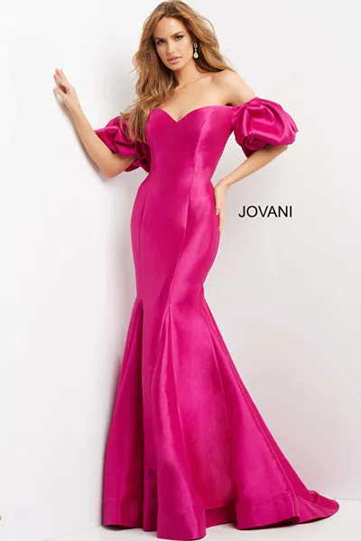 Jovani 09031 Off Shoulder Puff Sleeve Mermaid Formal Dress In Pink