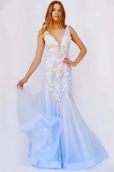 Jovani 09322 Formal Long Prom Floral Mermaid Dress In Blue