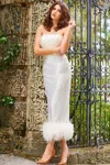Jovani 09631 Strapless Sequined Feather Hemline Midi Formal Dress In White