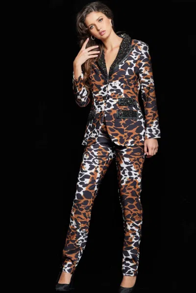 Jovani 09680 Long Two Piece Beaded Print Formal Pant Suit In Brown