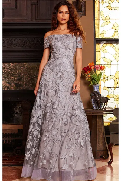 Jovani 09810 Long Metallic Lace Formal Evening Dress In Gray