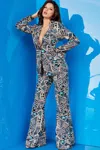 Jovani 09816 Long Beaded Two Piece Printed Pant Suit In Multi