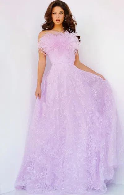 Jovani 09945 Long Formal Feather Lace A Line Prom Dress In Purple