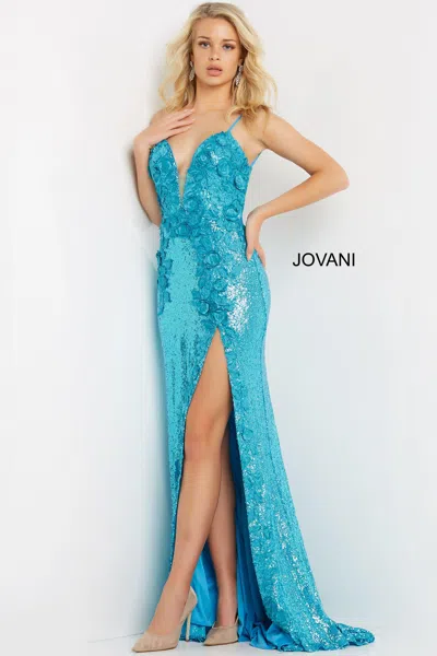 Jovani Floral Appliques Backless Dress In Turqouise In Green
