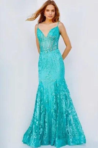 Pre-owned Jovani 22388 Evening Dress Lowest Price Guarantee Authentic In Aqua
