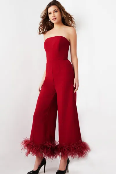 Jovani 22590 Long Evening Feather Formal Jumpsuit In Red