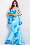 Jovani 22706 Printed Long Evening Mermaid Formal Dress In Blue