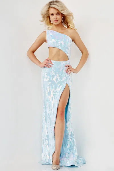 Jovani 22853 Long Formal One Shoulder Fitted Prom Gown In Blue