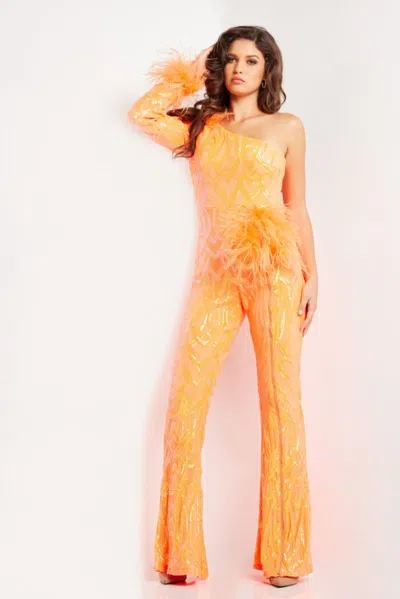 Jovani 23026 Sequin Feather Long Beaded Formal Jumpsuit In Brown