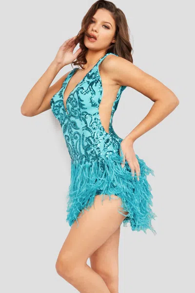 Jovani 23103 Short Cocktail Fitted Pattern Sequin Dress In Blue