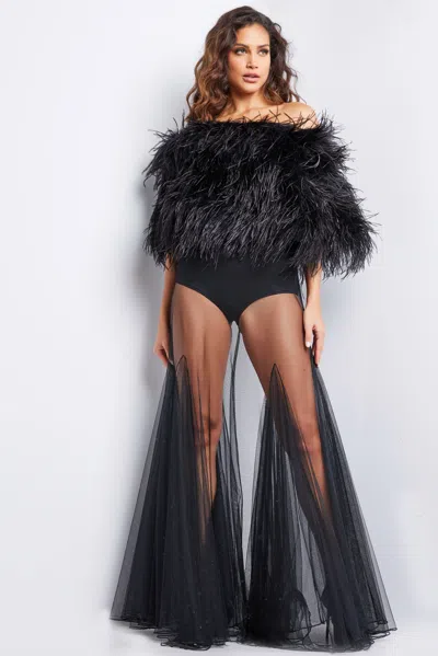Jovani 23305 Off Shoulder Feather Bodice Illusion Long Formal Prom Dress In Black