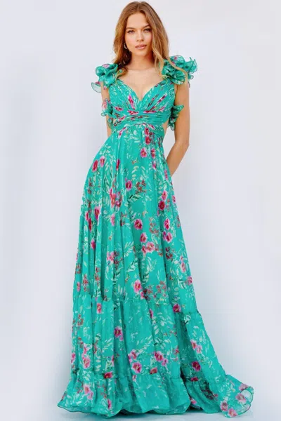Jovani 23321 Long Floral Print Chiffon Prom Dress In Animal Print