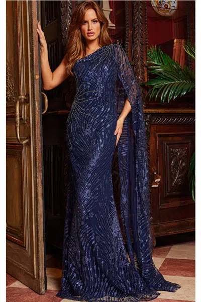 Jovani 23354 Long Beaded Formal Evening Glitter Dress In Blue
