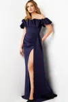 Jovani 23402 Long Ruffle Slit Formal Dress In Blue