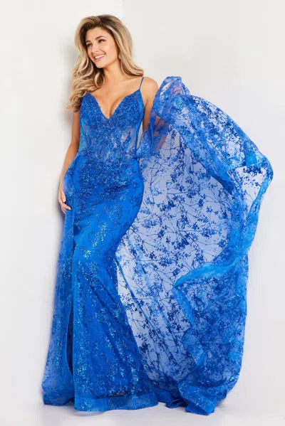 Jovani 23530 Long Spaghetti Strap Glitter Prom Dress In Blue