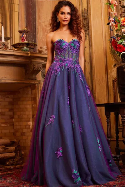 Jovani 23578 Long Formal Floral Lace Prom Dress In Purple