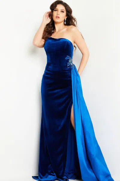 Jovani 23942 Long Velvet Beaded Formal Dress In Blue