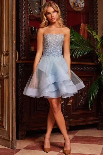 Jovani 24050 Short Layered Beaded Cocktail Dress In Blue