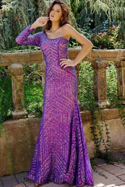 Jovani 24098 Long One Shoulder Mermaid Prom Gown In Purple