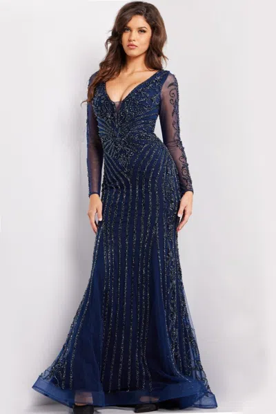 Jovani 24236 Long Sleeve Beaded Formal Dress In Blue