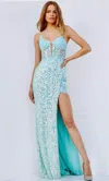 Jovani 24299 Illusion Corset Bodice Sequin High Slit Long Prom Dress In Blue