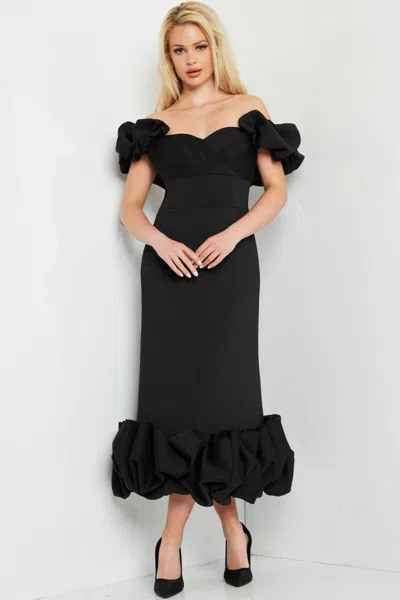 Jovani 24535 Fitted Tea Length Formal Ruffle Mother Of The Bride Dress In Black