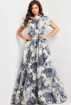 Jovani 25664 Long A Line Short Sleeve Print Pleated Formal Dress In Multi