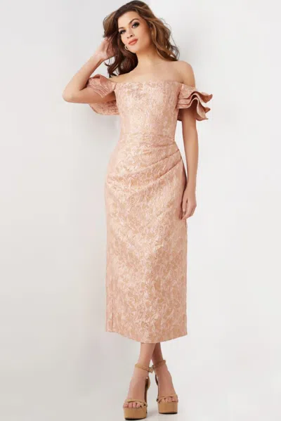 Jovani 25667 A Line Printed Formal Tea Length Evening Dress In Pink