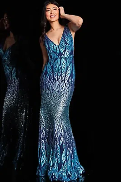 Pre-owned Jovani 25687 Evening Dress Lowest Price Guarantee Authentic In Blue/multi