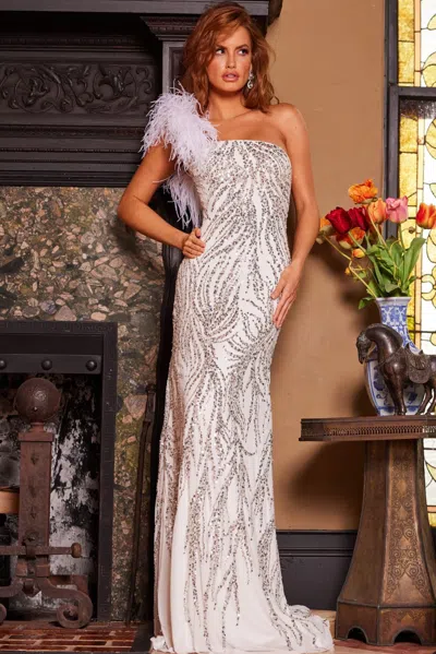 Jovani 25690 Sequin Long Formal Feather Prom Dress In White