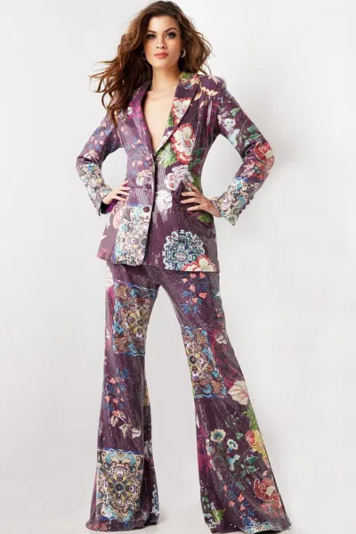 Jovani 26034 Sequin Long Floral Print Formal Pant Suit In Purple