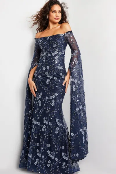 Jovani 26330 Long Floral Formal Printed Sequin Evening Dress In Blue